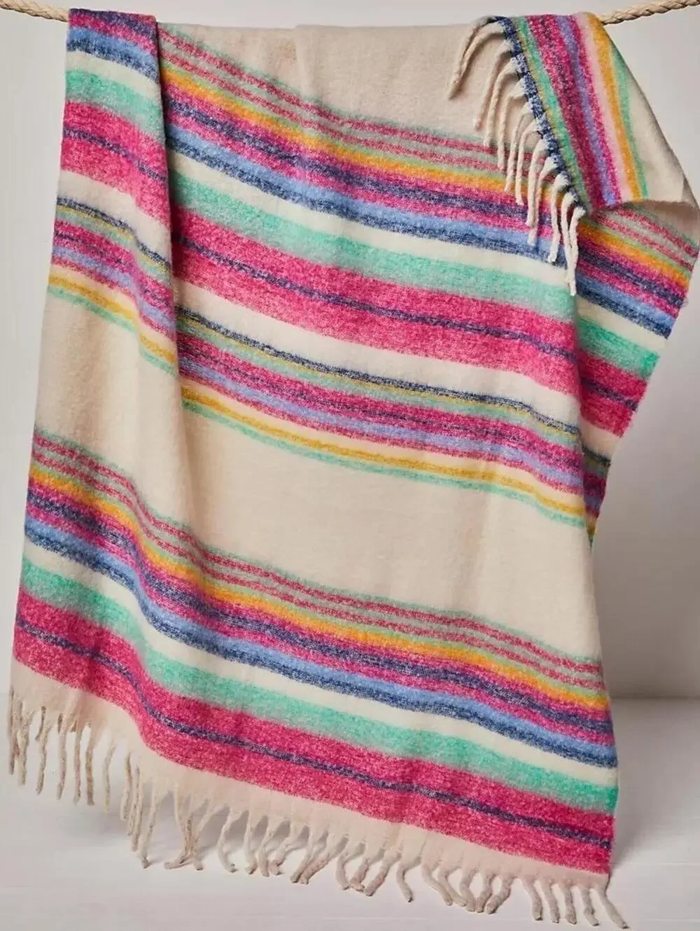Free People $78 Oversized Pink Teal Striped Blanket Multi Color Fringe Wrap